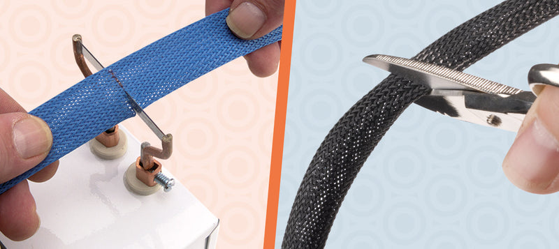 Braided Sleeving being Cut with Hot Knive / Braided Sleeving being cut with scissors