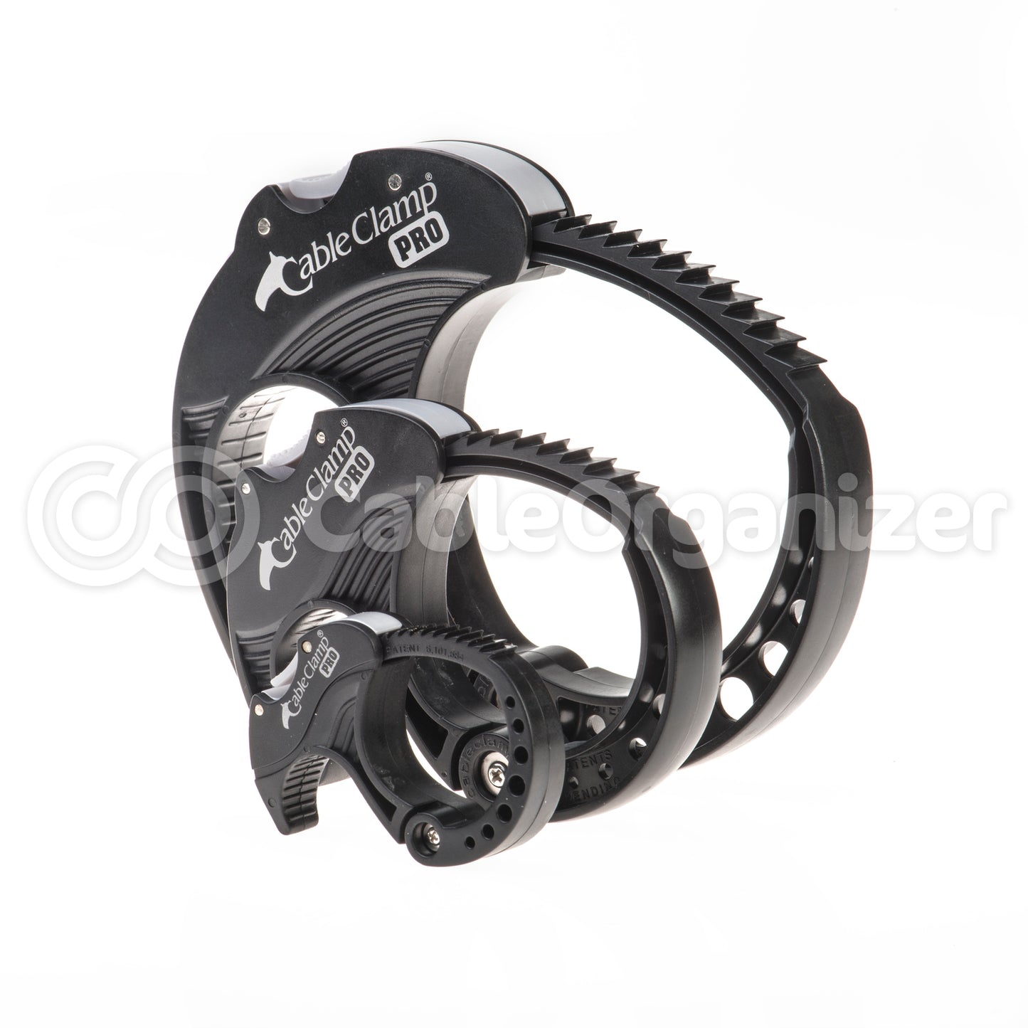 A small, medium, and large black Cable Clamp as a kit.