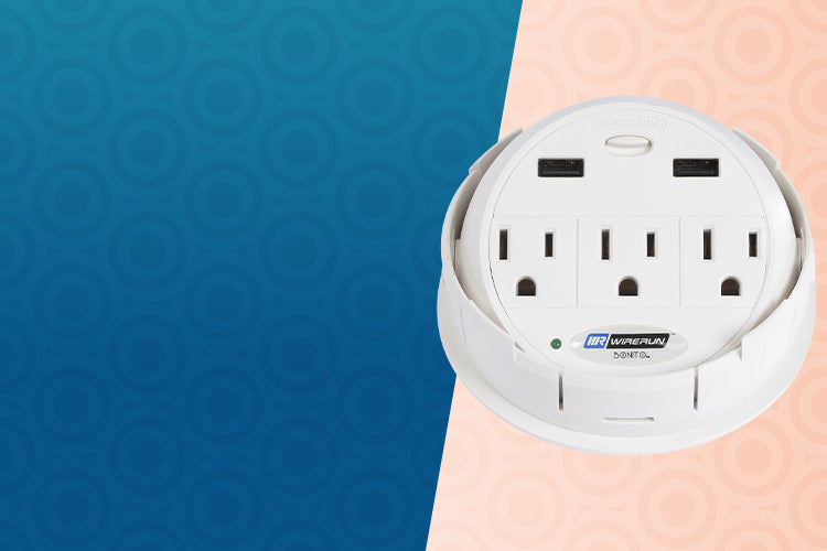 White power strip with multiple outlets on a blue and beige background